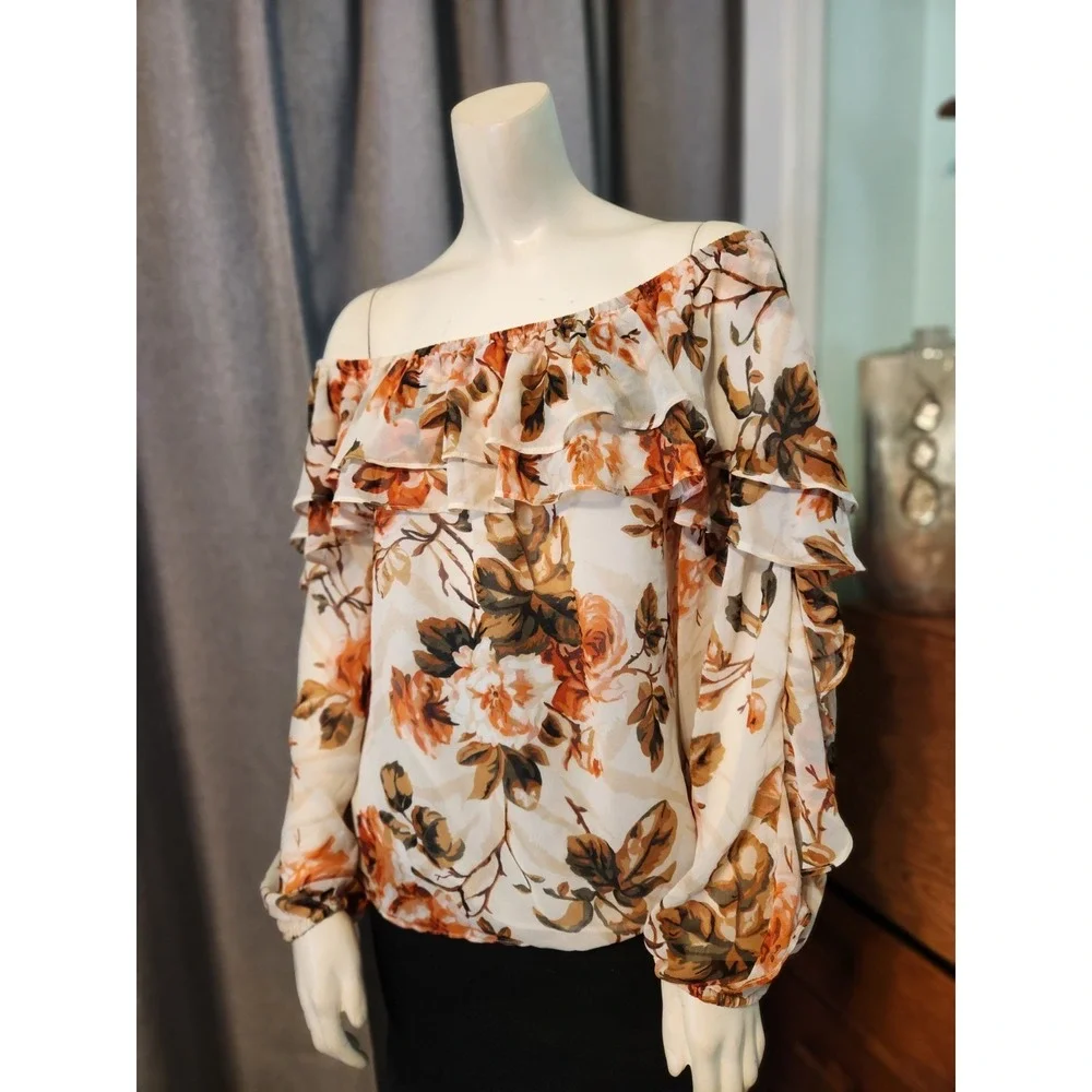 WHBM Off The Shoulder Floral Ruffle Collar Balloon Sleeve Chiffon‎ Blouse Sz M